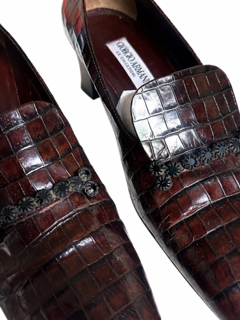 Vintage Giorgio Armani Brown Croc Embossed Crystal Heeled Loafers 8 Italy